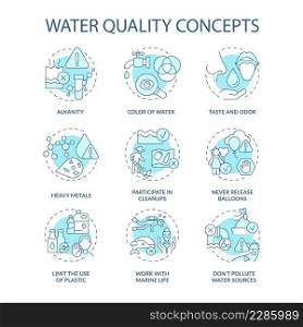 Water quality turquoise concept icons set. Protecting water idea thin line color illustrations. Work with marine life. Isolated symbols. Editable stroke. Roboto-Medium, Myriad Pro-Bold fonts used. Water quality turquoise concept icons set