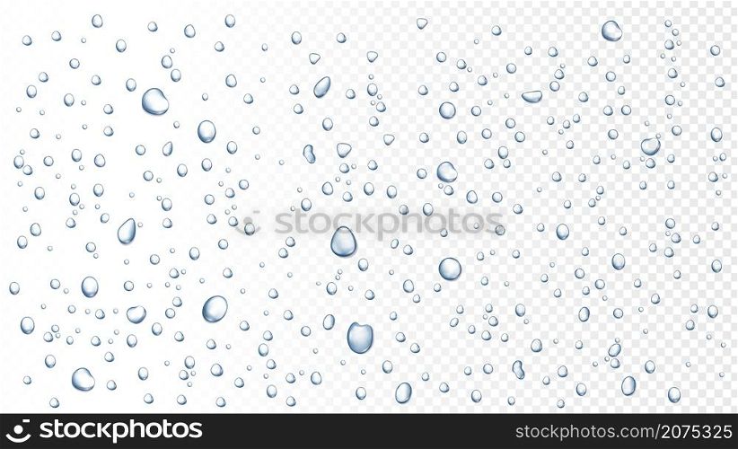 Water rain drops on window, shower steam condensation on glass. Realistic raining droplets, raindrops on transparent surface vector background. Pure aqua blobs on transparent backdrop. Water rain drops on window, shower steam condensation on glass. Realistic raining droplets, raindrops on transparent surface vector background