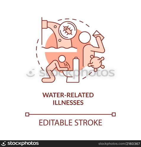 Water related illnesses red concept icon. Climate change and health abstract idea thin line illustration. Isolated outline drawing. Editable stroke. Roboto-Medium, Myriad Pro-Bold fonts used. Water related illnesses red concept icon