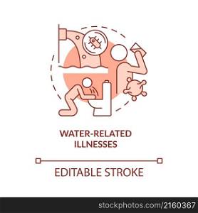 Water related illnesses red concept icon. Climate change and health abstract idea thin line illustration. Isolated outline drawing. Editable stroke. Roboto-Medium, Myriad Pro-Bold fonts used. Water related illnesses red concept icon