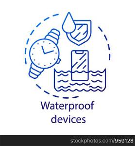 Water resistant gadgets concept icon. Waterproof devices idea thin line illustration. Moisture protection for watches, smartphones, electronics. Vector isolated outline drawing. Editable stroke