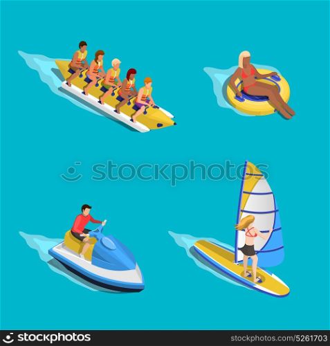 Water Riding People Set. Sea activities people composition with isometric images of human characters riding tube scooter banana boat sailboard vector illustration