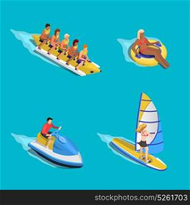 Water Riding People Set. Sea activities people composition with isometric images of human characters riding tube scooter banana boat sailboard vector illustration