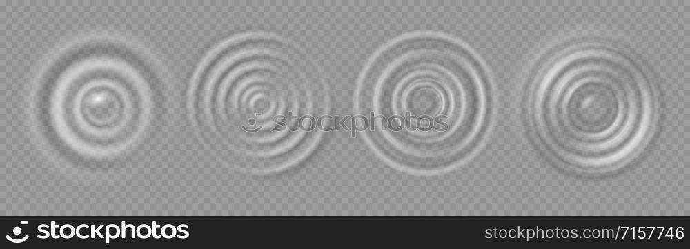 Water ripple. Realistic caustic drop or sound wave splash effects, concentric circles in puddle. Vector set round wave surfaces on transparent background. Water ripple. Realistic caustic drop or sound wave splash effects, concentric circles in puddle. Vector set on transparent background