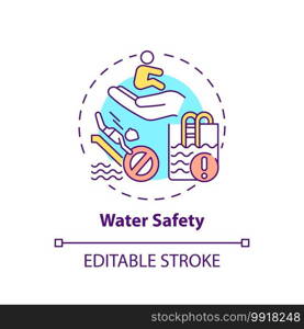 Water safety concept icon. Drowning prevention. Children rescue. Caution for danger. Child safety idea thin line illustration. Vector isolated outline RGB color drawing. Editable stroke. Water safety concept icon