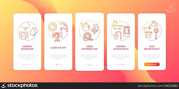 Water saving tips onboarding mobile app page screen with concepts. Water reuse and economy walkthrough five steps graphic instructions. UI vector template with RGB color illustrations. Water saving tips onboarding mobile app page screen with concepts