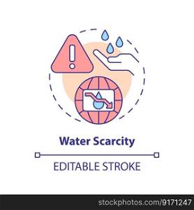 Water scarcity concept icon. Lack of fresh aqua resources. Hydro source threat abstract idea thin line illustration. Isolated outline drawing. Editable stroke. Arial, Myriad Pro-Bold fonts used. Water scarcity concept icon