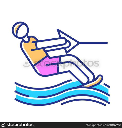 Water skiing color icon. Surface watersport. Summer leisure and dangerous hobby. Extreme kind of sport. Recreational outdoor activity. Man wakeboarding. Isolated vector illustration