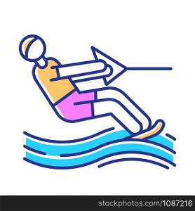 Water skiing color icon. Surface watersport. Summer leisure and dangerous hobby. Extreme kind of sport. Recreational outdoor activity. Man wakeboarding. Isolated vector illustration