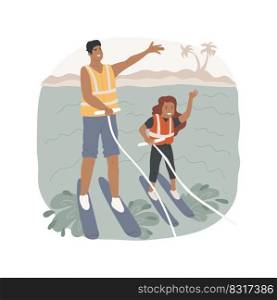 Water skiing isolated cartoon vector illustration. Dad and kid standing on waterski next to each other, holding rope, skiing at the water park, active family, watersport resort vector cartoon.. Water skiing isolated cartoon vector illustration.