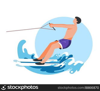 water skiing or wakeskating.Person with special equipment wearing swimming suit standing on wave, sea adventure and rest. Summer activity and active lifestyle by seaside. Vector in flat style. Wake skating or water skiing summer activities