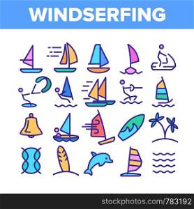 Water Skiing, Windsurfing Linear Vector Icons Set. Windsurfing Sport Thin Line Contour Symbols Pack. Extreme Summer Leisure Pictograms Collection. Wakeboarding, Paragliding Outline Illustrations. Water Skiing, Windsurfing Linear Vector Icons Set