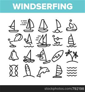 Water Skiing, Windsurfing Linear Vector Icons Set. Windsurfing Sport Thin Line Contour Symbols Pack. Extreme Summer Leisure Pictograms Collection. Wakeboarding, Paragliding Outline Illustrations. Water Skiing, Windsurfing Linear Vector Icons Set