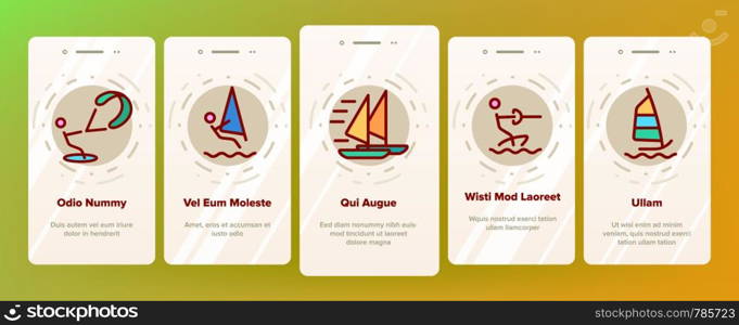Water Skiing, Windsurfing Linear Vector Onboarding Mobile App Page Screen. Windsurfing Sport Thin Line Contour Symbols Pack. Extreme Summer Leisure. Wakeboarding, Paragliding Illustrations. Water Skiing, Windsurfing Linear Vector Onboarding