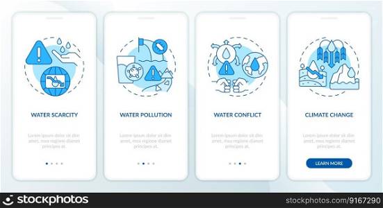 Water source threats blue onboarding mobile app screen. Dangers walkthrough 4 steps editable graphic instructions with linear concepts. UI, UX, GUI template. Myriad Pro-Bold, Regular fonts used. Water source threats blue onboarding mobile app screen