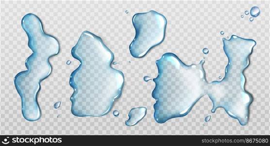 Water spill puddles top view set, aqua liquid splashes with scattered drops. Hydration spots elements with spray droplets isolated on transparent background, Realistic 3d vector Illustration, clip art. Water spill puddles top view, aqua liquid splashes