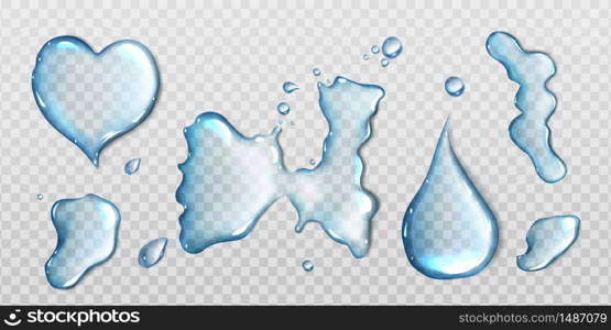Water spills isolated on transparent background. Vector realistic set of liquid puddles different shapes, clear water drops, pure aqua flows, spill on wet surface top view. Water spills isolated on transparent background