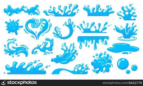 Water splash. Cartoon falling liquid drops, floating waves and stream, clean water concept, fluid motion concept. Vector water drop isolated collection. Aqua water drop splash, cartoon droplet falling. Water splash. Cartoon falling liquid drops, floating waves and stream, clean water concept, fluid motion concept. Vector water drop isolated collection