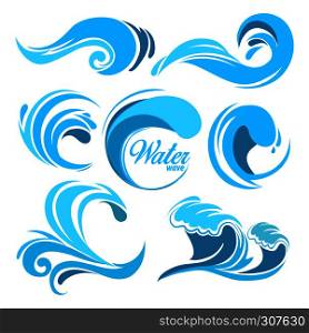 Water splashes and ocean waves. Vector graphic symbols for logo design. Wave water sea swirl, collection of nature, water wave illustration. Water splashes and ocean waves. Vector graphic symbols for logo design