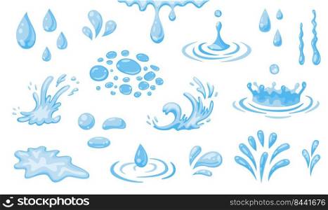 Water splashes flat icon set. Vector illustration of sea waves, fountain spray, wet surface, drop shapes. Water symbol elements for creative design