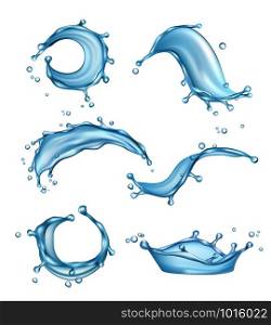 Water splashes. Liquid drops transparent nature watering vector realistic template. Illustration of splash and clear liquid, transparent water. Water splashes. Liquid drops transparent nature watering vector realistic template