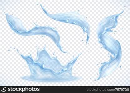 Water splashes realistic set with isolated images of semi translucent flows of pure liquid with drops vector illustration