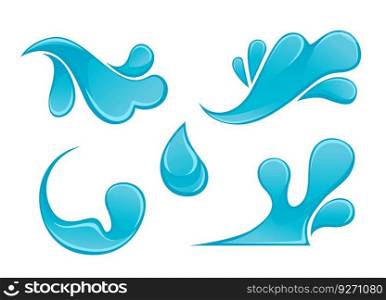Water splashes, sprinkle of liquids or fluids. Isolated icons with waves and flows, drops of rain and tears. Puddle or pool, nature and wilderness elements. Vector in flat style illustration. Sprinkle or splash of water, liquid or fluids