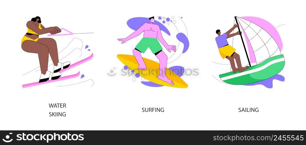 Water sport abstract concept vector illustration set. Water skiing, surfing and sailing, active lifestyle, summer adventure, ocean wave, extreme sport, swim wetsuit, yacht club abstract metaphor.. Water sport abstract concept vector illustrations.