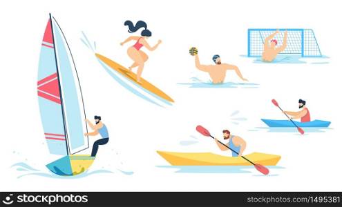 Water Sport and Sportive People Characters Set. Cartoon Men and Women Sailing, Surfing, Rowing, Playing Waterpolo. Summertime Activities on Vacation. Active Lifestyle. Vector Flat Illustration. Water Sport and Sportive People Characters Set