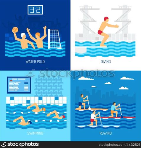 Water Sport Concept. Water sport concept with polo swimming diving in pool canoe rowing at outdoor isolated vector illustration