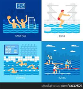 Water Sport Concept. Water sport concept with polo swimming diving in pool canoe rowing at outdoor isolated vector illustration