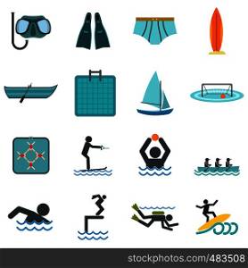 Water sport flat icons set isolated on white background. Water sport flat icons