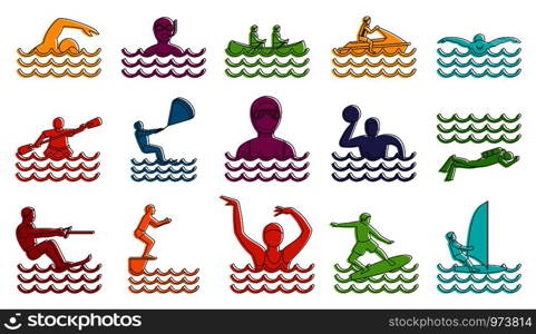 Water sport icon set. Color outline set of water sport vector icons for web design isolated on white background. Water sport icon set, color outline style