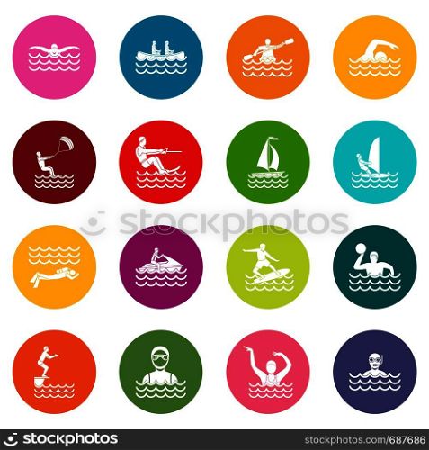 Water sport icons many colors set isolated on white for digital marketing. Water sport icons many colors set