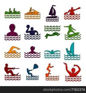 Water sport icons set. Doodle illustration of vector icons isolated on white background for any web design. Water sport icons doodle set