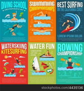 Water Sport Poster Collection. Water sport poster collection for rowing and swimming championships information best surfing water skiing and kite surfing advertising flat vector illustration