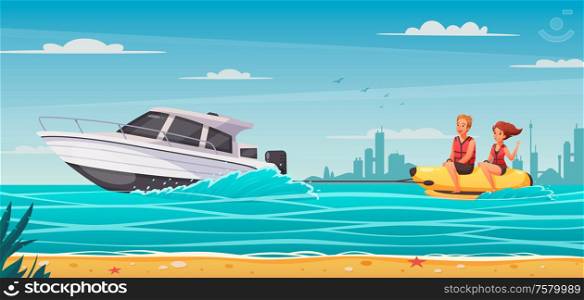 Water sports background with man and woman riding banana boat cartoon vector illustration