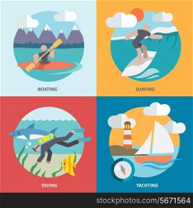 Water sports boating surfing diving yachting flat icons set isolated vector illustration