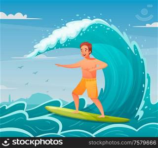 Water sports cartoon background with happy man surfing vector illustration