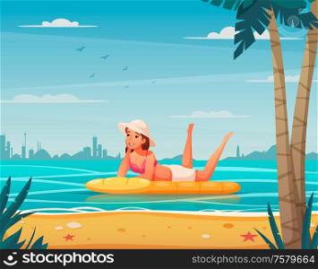 Water sports cartoon background with woman relaxing on air bed vector illustration