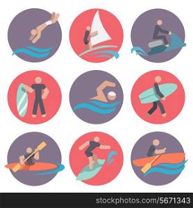 Water sports flat icons set with jumping sailing jetskiing isolated vector illustration