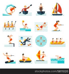 Water sports flat icons set with kite sailing canoe isolated vector illustration. Water Sports Icons Set