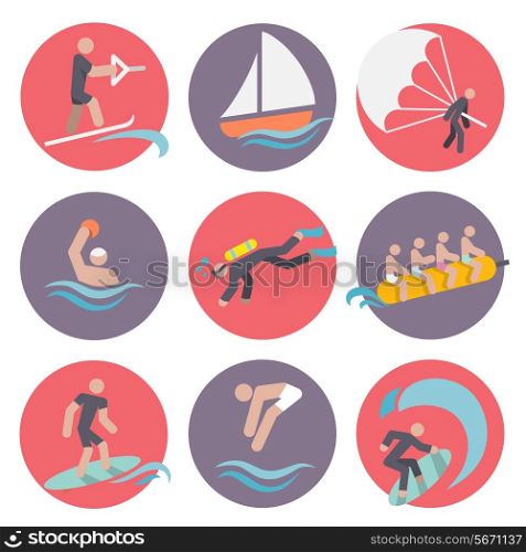 Water sports flat icons set with skiing sailboat wakeboarding isolated vector illustration