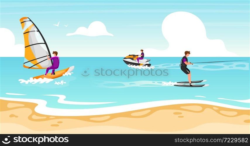 Water sports flat vector illustration. Windsurfing, water skiing experience. Sportsman on water scooter active outdoor lifestyle. Tropical coastline, turquoise waterscape. Athletes cartoon characters. Water sports flat vector illustration