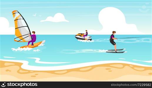 Water sports flat vector illustration. Windsurfing, water skiing experience. Sportsman on water scooter active outdoor lifestyle. Tropical coastline, turquoise waterscape. Athletes cartoon characters. Water sports flat vector illustration