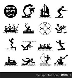 Water sports icons black set with extreme activities and games symbols isolated vector illustration. Water Sports Icons Black