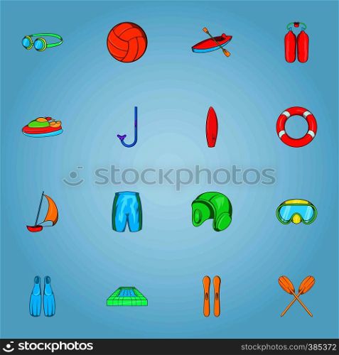 Water sports icons set. Cartoon illustration of 16 water sports vector icons for web. Water sports icons set, cartoon style