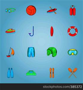 Water sports icons set. Cartoon illustration of 16 water sports vector icons for web. Water sports icons set, cartoon style