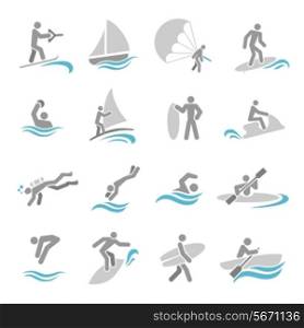 Water sports icons set with rowing rafting swimming people isolated vector illustration