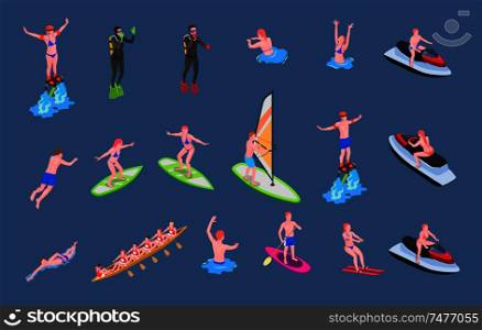 Water sports isometric icon set with water polo kayaking and canoeing rowing slalom sailing swimming diving windsurfing wakesurfing and surfing